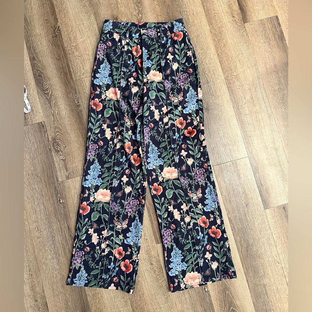 Cider Black Floral Wide Leg Corduroy Pants